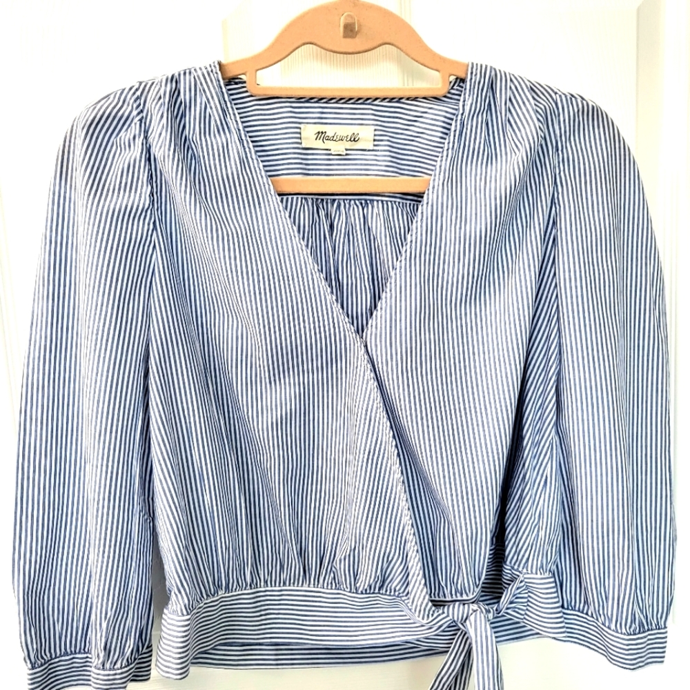 MADEWELL Wrap Top in Indigo Stripe 3/4 Sleeve V Neck Regular Size S
